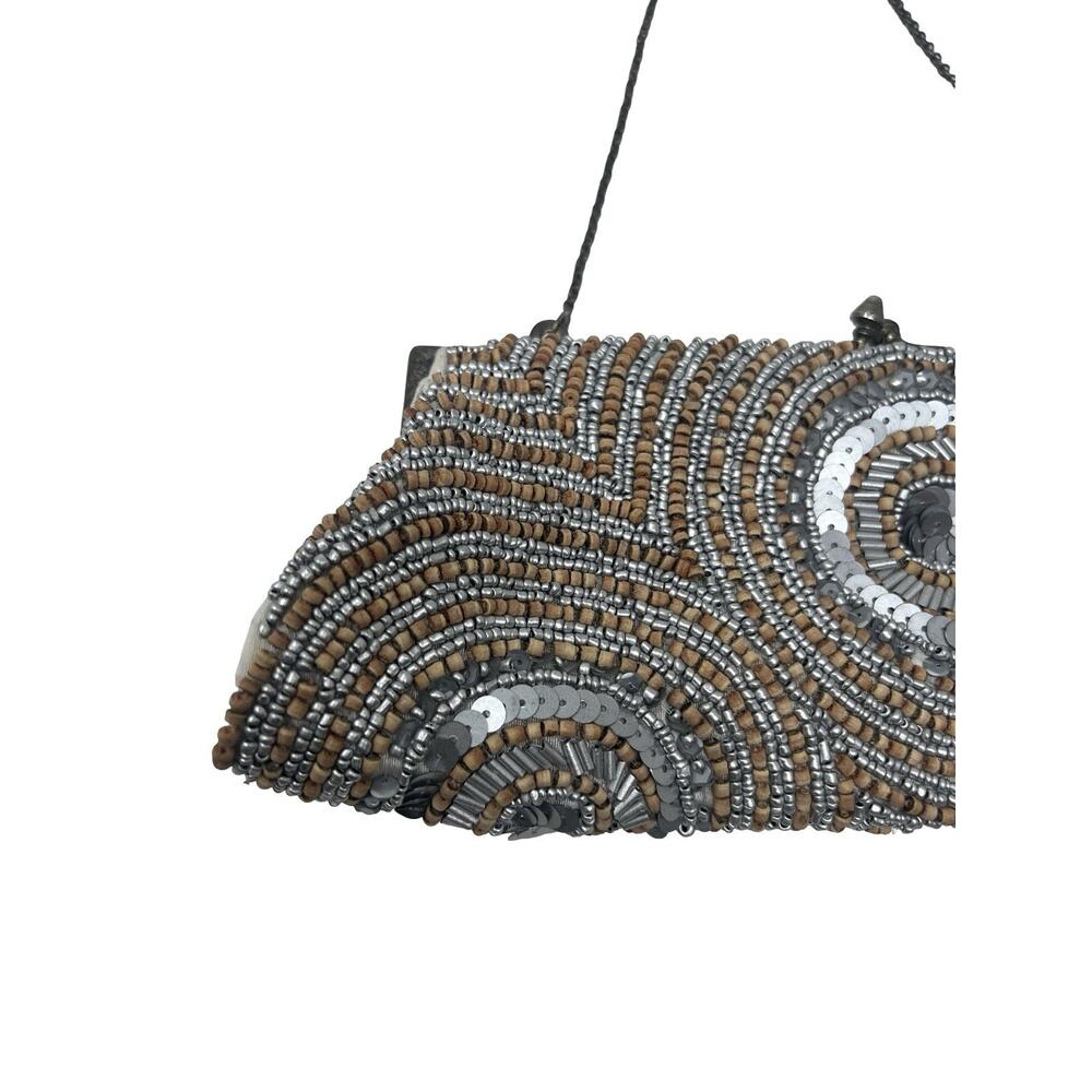 y2K White House Black Market Silver & Wood Beaded Party Clutch Purse Chain Strap - Picture 2 of 9